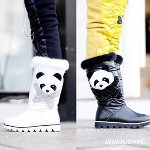  新款女童雪地靴熊猫钻饰真皮镶毛儿童雪地靴中筒靴高帮靴