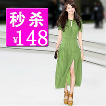 正品2012夏装新款女装秋水绿色高档雪纺修身三彩伊人连衣裙长裙子