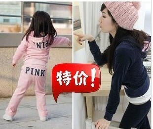  亲子装款韩版儿童秋装PINK天鹅绒/母女装运动套装童装