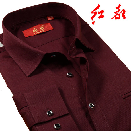 新款红都男士长袖纯棉衬衫暗红色免烫全棉衬衣