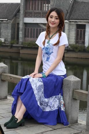 2014夏季青花瓷 绣花 民族风两穿大摆半身裙 长