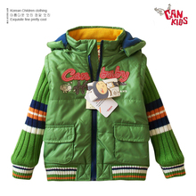 韩国代购CANKIDS正品现货 2011冬男童绿色拼接色毛衣袖棉衣棉服