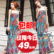 HM夏季波西米亚超长裙欧美显瘦拖地礼服裙子大码连衣裙海边沙滩裙