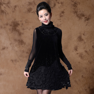  LY1059/秋季新款 大码女装压褶镂空钩花显瘦丝绒背心裙连衣裙