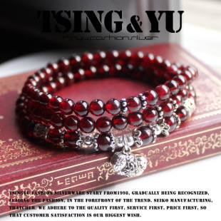  S925纯银泰银酒红石榴石多层手链女 纯天然水晶饰品 美容养颜