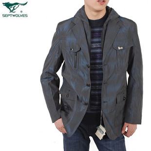 2010秋款 热卖 <span class=H>七匹狼</span> 正品 可脱卸帽细条纹男式夹克/外套 兰灰