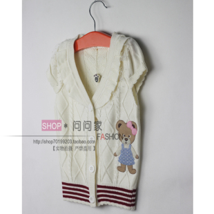  正品pom bear 女童针织背心小熊儿童泡泡袖全棉毛线背心马夹学院