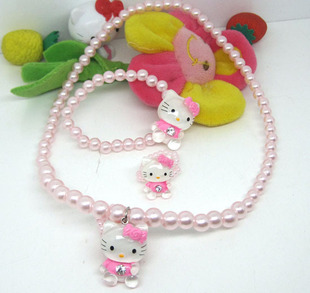  HELLO KITTY 卡通项链儿童珍珠项链 戒指手链项链三件套