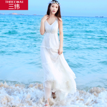 三纬2017夏季新款海边沙滩长裙仙女蕾丝拼接桑蚕丝真丝连衣裙图片