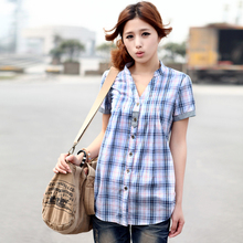 女装2012新款夏装韩版衬衫休闲V领衬衫时尚格子短袖衬衫