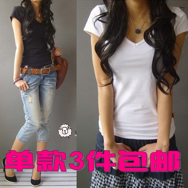2011夏装 白色 短袖 v领桃领 打底衫 小衫 纯色 纯棉修身t恤女103 价格:25.00