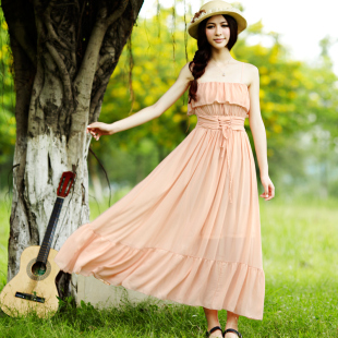 妮以2012夏装 新款女装纯色吊带裙雪纺百褶裙连衣裙波西米亚长裙