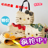 日本可爱 KITTY猫咪手提编织包单肩HELLO草编包包女包藤编包 沙滩
