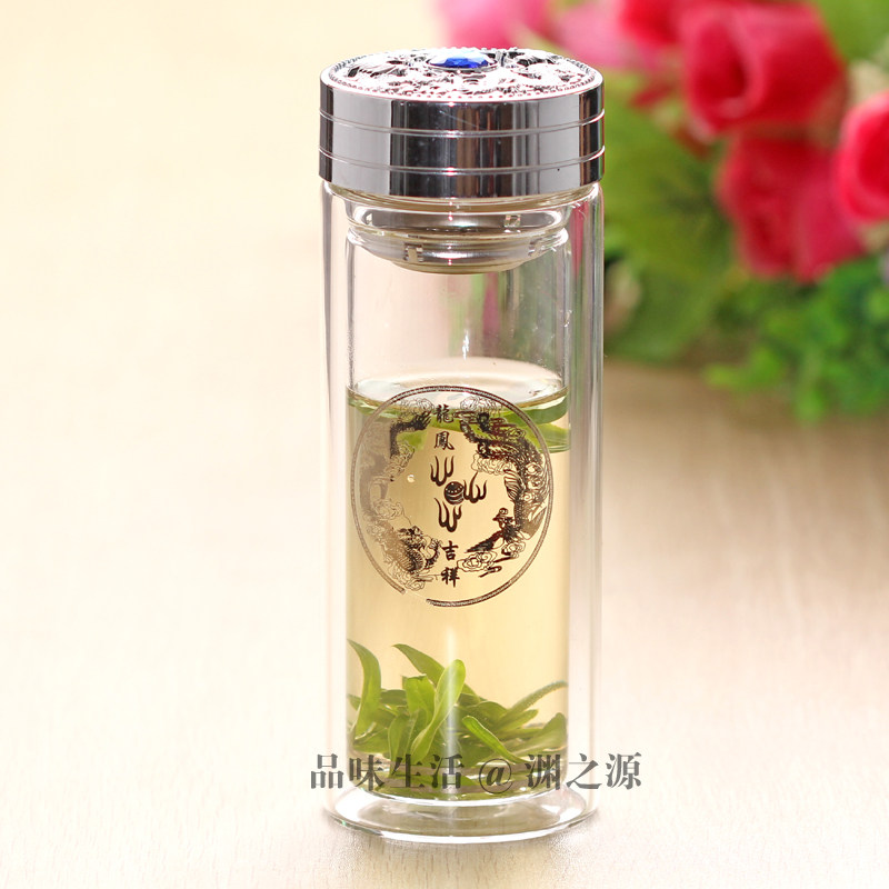 渊之源 双层玻璃杯 带盖带茶隔 泡茶杯子 隔热透明水杯330ml
