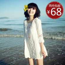 2012春装新款韩版全蕾丝中袖优雅淑女勾花雪纺公主连衣裙夏季女