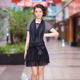 2012春装新款韩版女装甜美假两件套条纹拼接裙蝴蝶结雪纺裙连衣裙