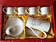手工制作描花唐山骨质瓷茶具，套装1茶壶，+4茶杯+4茶盘+4茶勺