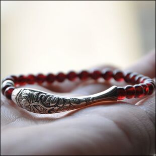  子墨原创定制 925纯银泰银老银匠手工菩提莲花鱼坠天然石榴石手链