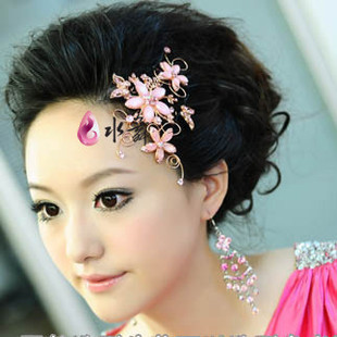  雅致 粉色韩式新娘头饰水钻发饰 盘发头花结婚纱额饰配饰品发夹子