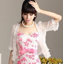 淘金币 美思源 2012女装 雪纺荷叶边中袖开衫小披肩小外套 黑白两