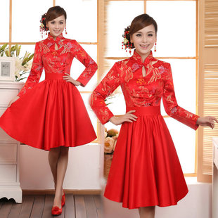  婚纱礼服新娘一字肩短款红色敬酒服连衣裙新款旗袍小礼服长袖
