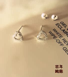  925纯银 心形耳钉 钻石微镶群镶 可爱爱心形耳钉 女友礼物