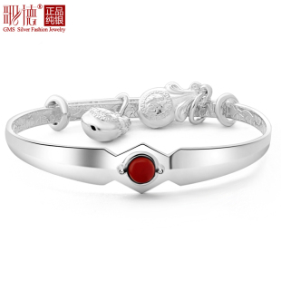  歌德银饰 宝宝银手镯纯银 婴儿银手镯999纯银千足银 儿童镯红玛瑙
