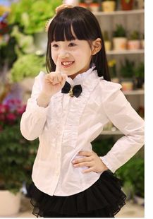  韩版新款长袖纯棉儿童衬衫 女童高领白色长袖衬衫