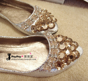  韩版水钻公主水晶单鞋平跟平底鞋婚鞋尖头欧美手工串珠 特价