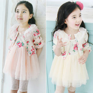  春装韩版 女童公主套装 蕾丝吊带连衣裙+小外套披肩 宝宝儿童裙子