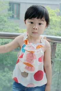  韩版夏款 女童彩波点雪纺背心 吊脖儿童吊带衫