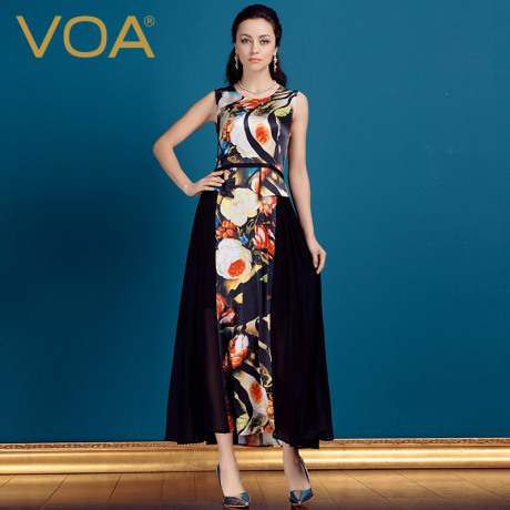 VOA 印花弹力缎撞料黑色真丝乔其圆领无袖褶裥假两件连衣裙A0318商品大图
