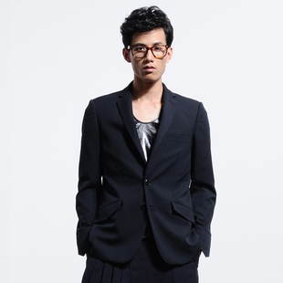SANKUANZ 藏青色拼接两粒扣男士西装/设计师品牌