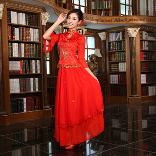  七分袖 旗袍裙 夏装 时尚改良蕾丝红色结婚礼服长款新娘装QT5101