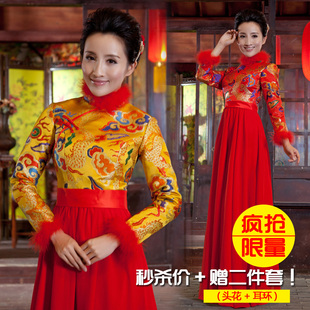  红色结婚旗袍 新娘旗袍 敬酒服长款 冬季夹棉长袖旗袍 加厚晚礼服