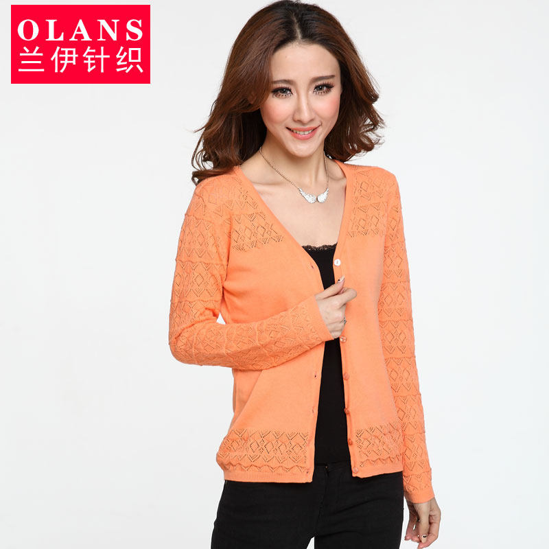 OLANS 2014新款春装 纯棉针织衫 开衫女装 镂空钩花外套空调衫