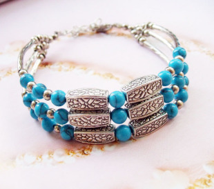  民族风藏饰藏银手饰 彩石绿松石手链多层苗银手链批发SL146