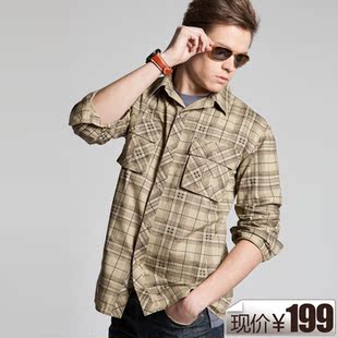 70 percent post-2012 spring clothing new style fashion leisure sport wash cotton lattice fabric men's long sleeve shirts 2 color