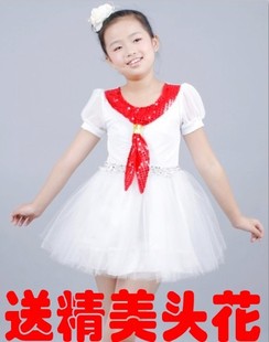 儿童舞蹈蓬蓬纱裙 小学生大合唱服装 红领巾服