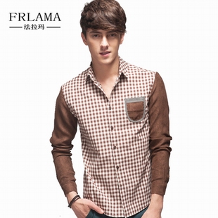  春装 休闲男式长袖 FRLAMA 格子拼接衬衫 英伦韩版男装原创衬衣