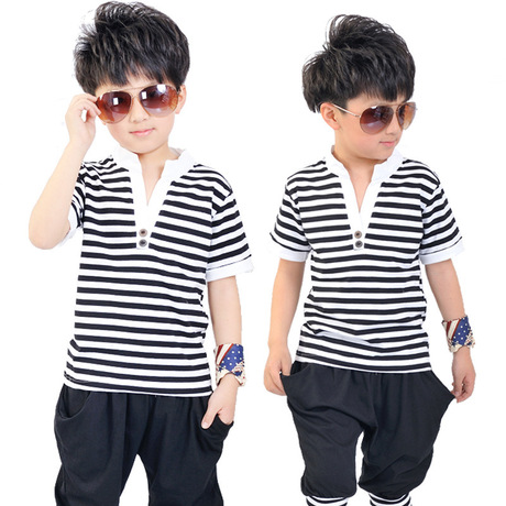 2014夏款韩版儿童黑白条纹套装 童装套装短袖