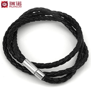  瑞诺 缠绕手链 编织韩版手饰品 男士手镯 黑色皮绳手绳 插口 刻字