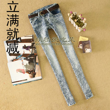 限时包邮★韩版弹力<span class=H>蓝色</span><span class=H>雪花</span>小脚铅笔裤 牛仔裤子女∕翻边甜美风