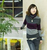 2012秋冬装新款 韩版女装堆堆领长袖条纹修身针织衫毛衣打底衫