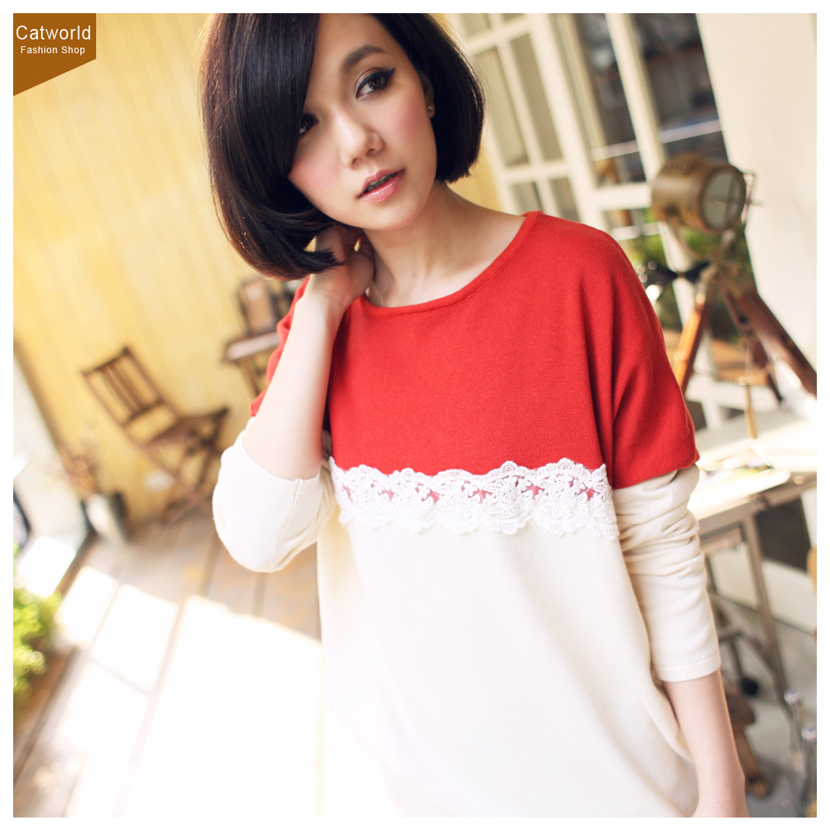 宽松腰拼接蕾丝边...