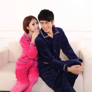素色法兰莱绒秋冬季男女<em>情侣款</em>加厚<em>睡衣套装</em>家