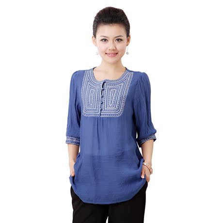 亚麻女装五分袖中袖圆领衬衫2014新款夏季薄