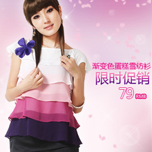 淘金币 2012夏新款韩版蛋糕渐变荷叶边雪纺衫女大码短袖雪纺上衣