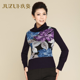  玖姿官方旗舰店JUZUI大花高领长袖毛衫含羊毛专柜正品女装秋款