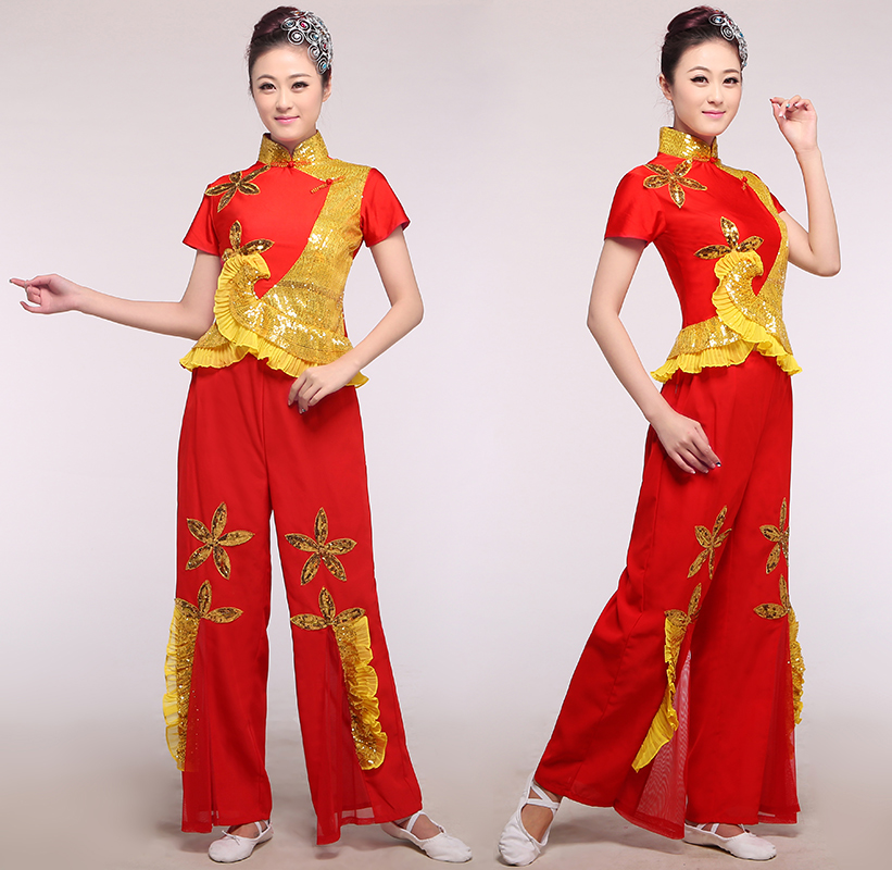 新款红黄古典舞服装 短袖绣花秧歌服 广场舞扇子舞 映山红花边